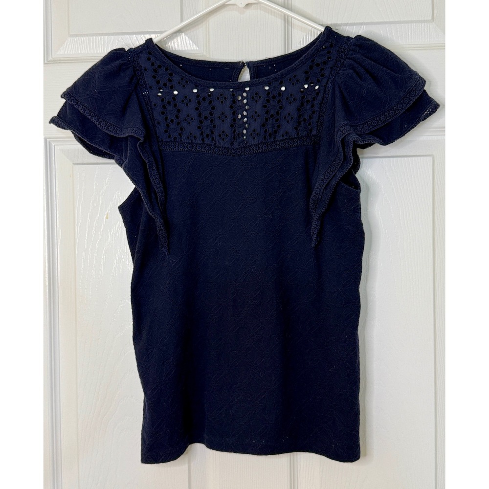 Navy Blue Eyelet Lace Flutter Sleeve Top Women Size Small Romantic Boho Blouse
